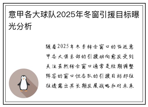 意甲各大球队2025年冬窗引援目标曝光分析