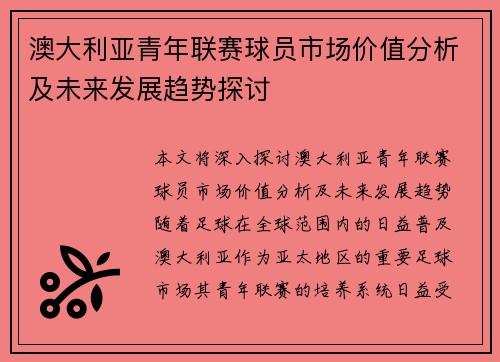 澳大利亚青年联赛球员市场价值分析及未来发展趋势探讨