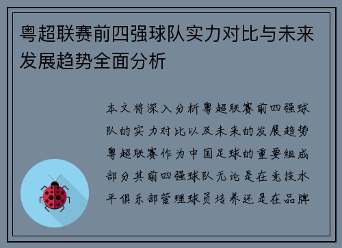 粤超联赛前四强球队实力对比与未来发展趋势全面分析