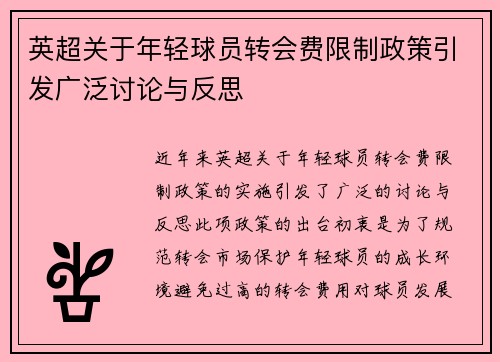 英超关于年轻球员转会费限制政策引发广泛讨论与反思