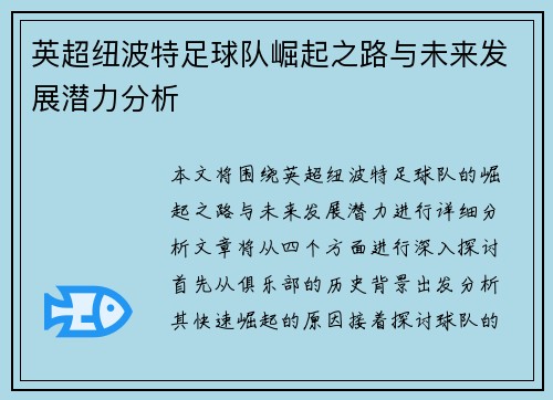英超纽波特足球队崛起之路与未来发展潜力分析
