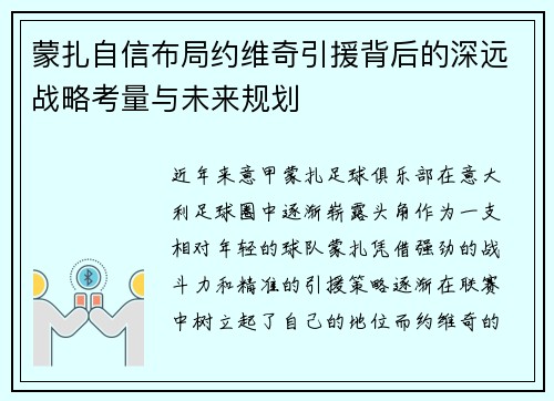 蒙扎自信布局约维奇引援背后的深远战略考量与未来规划